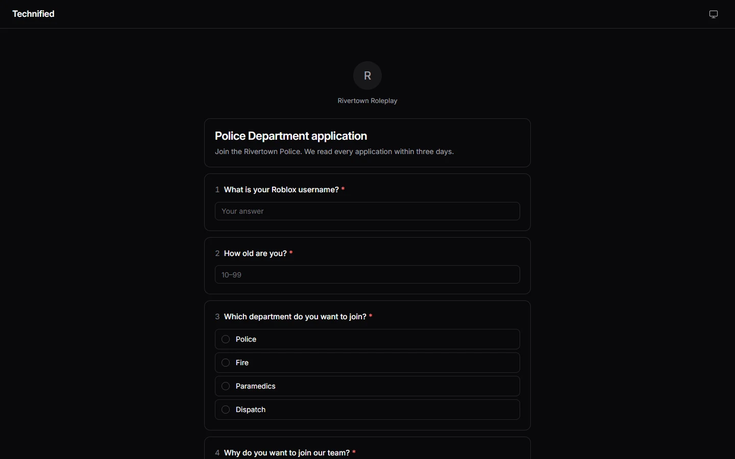 An application form with its questions