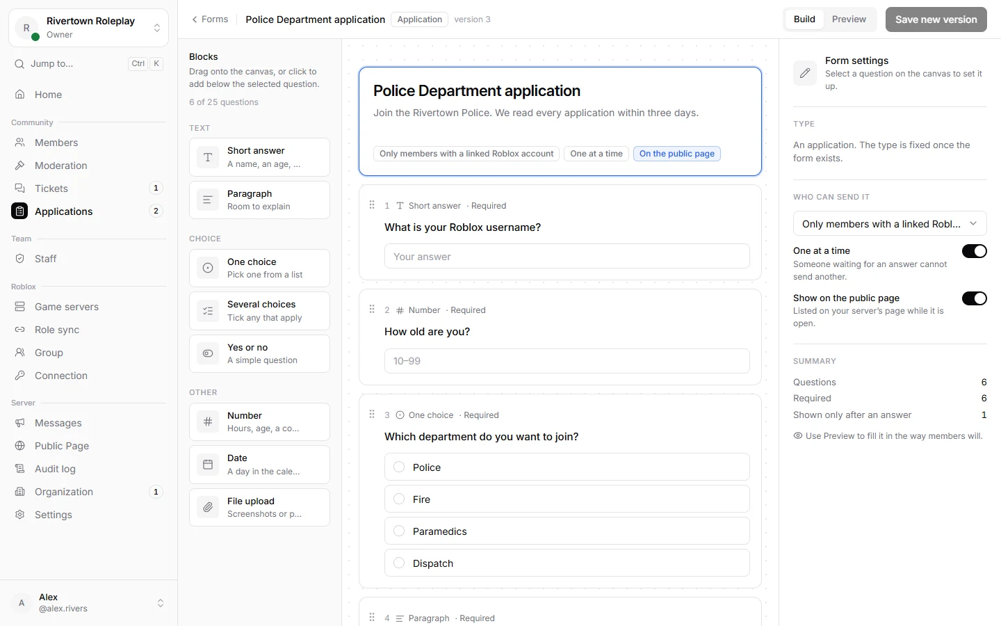 The form builder with a list of questions