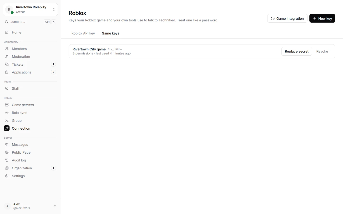 The game keys page in the dashboard