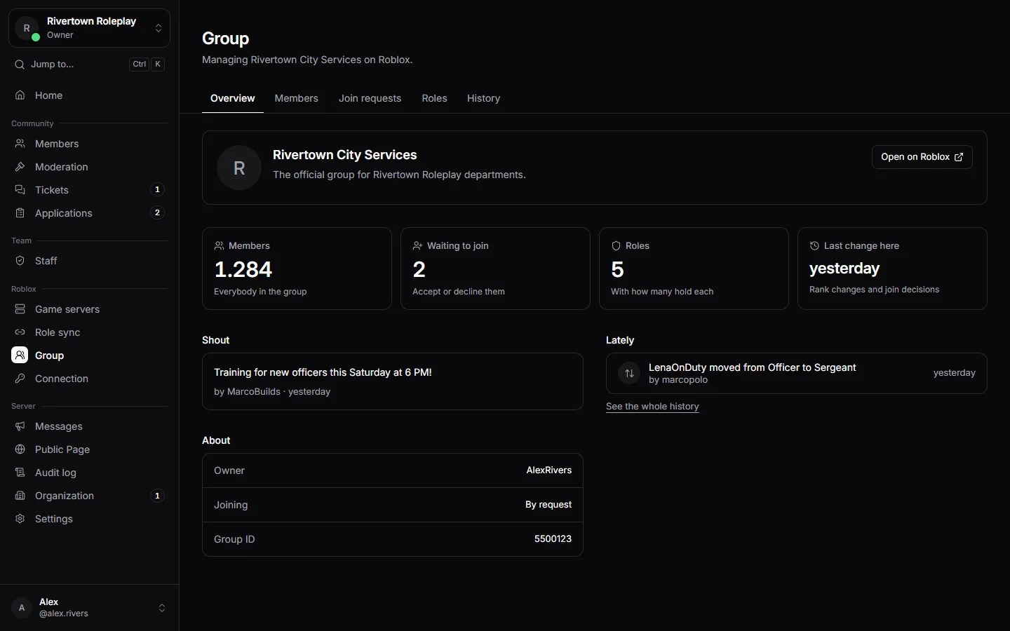 The overview of a Roblox group