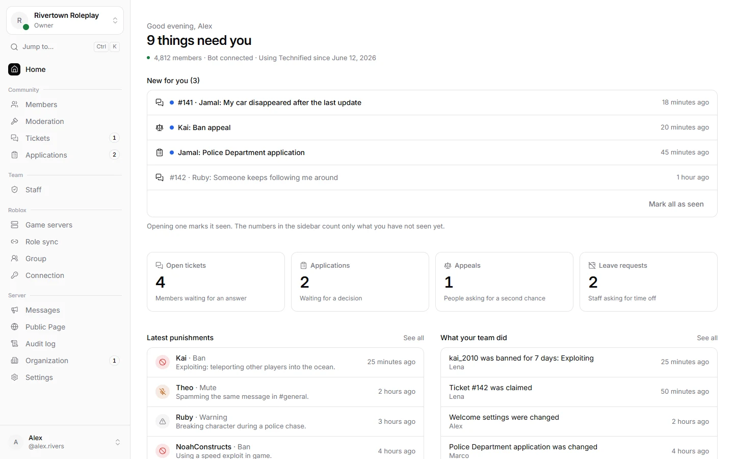 The home page of a server in the Technified dashboard