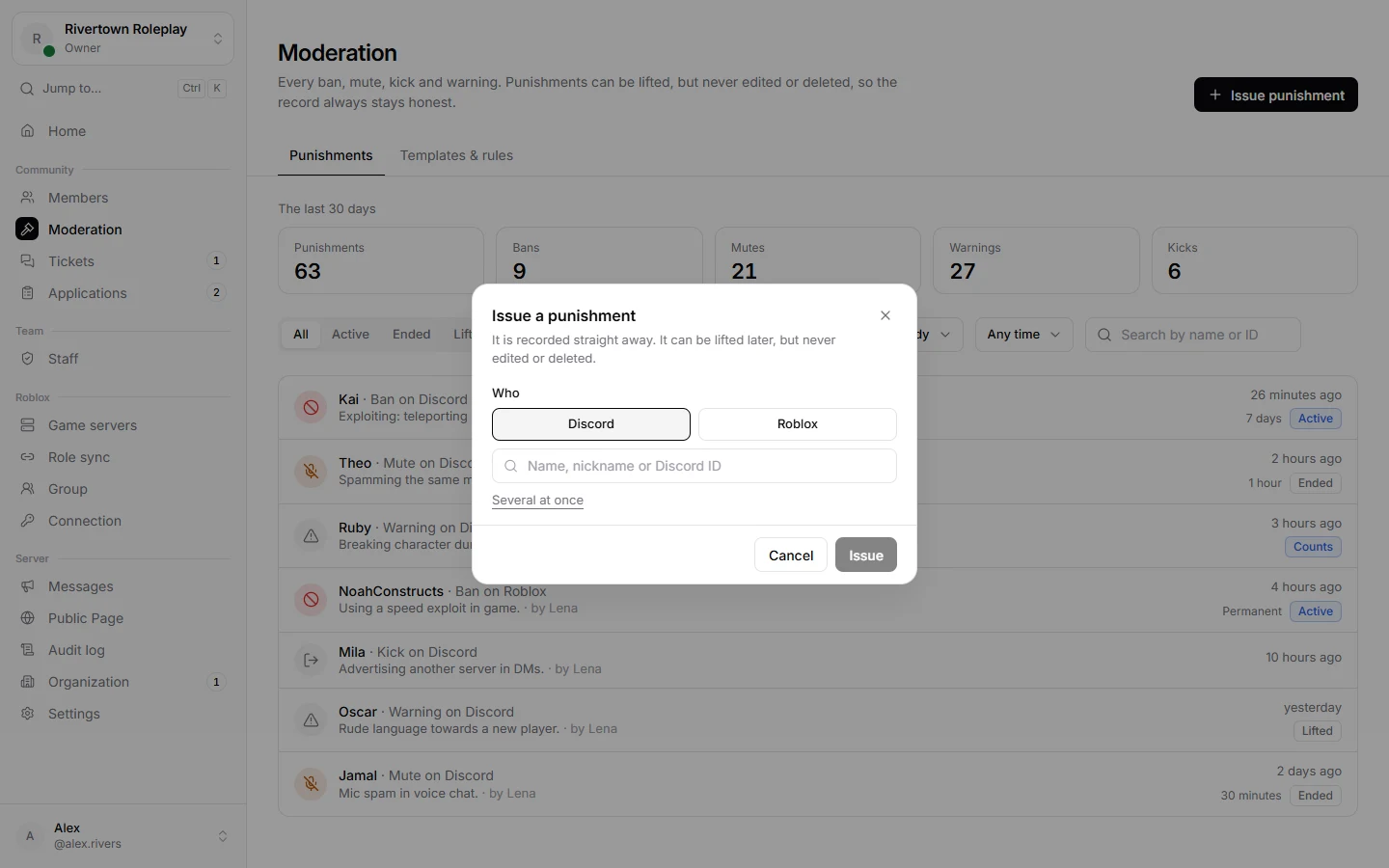 The dialog for issuing a punishment