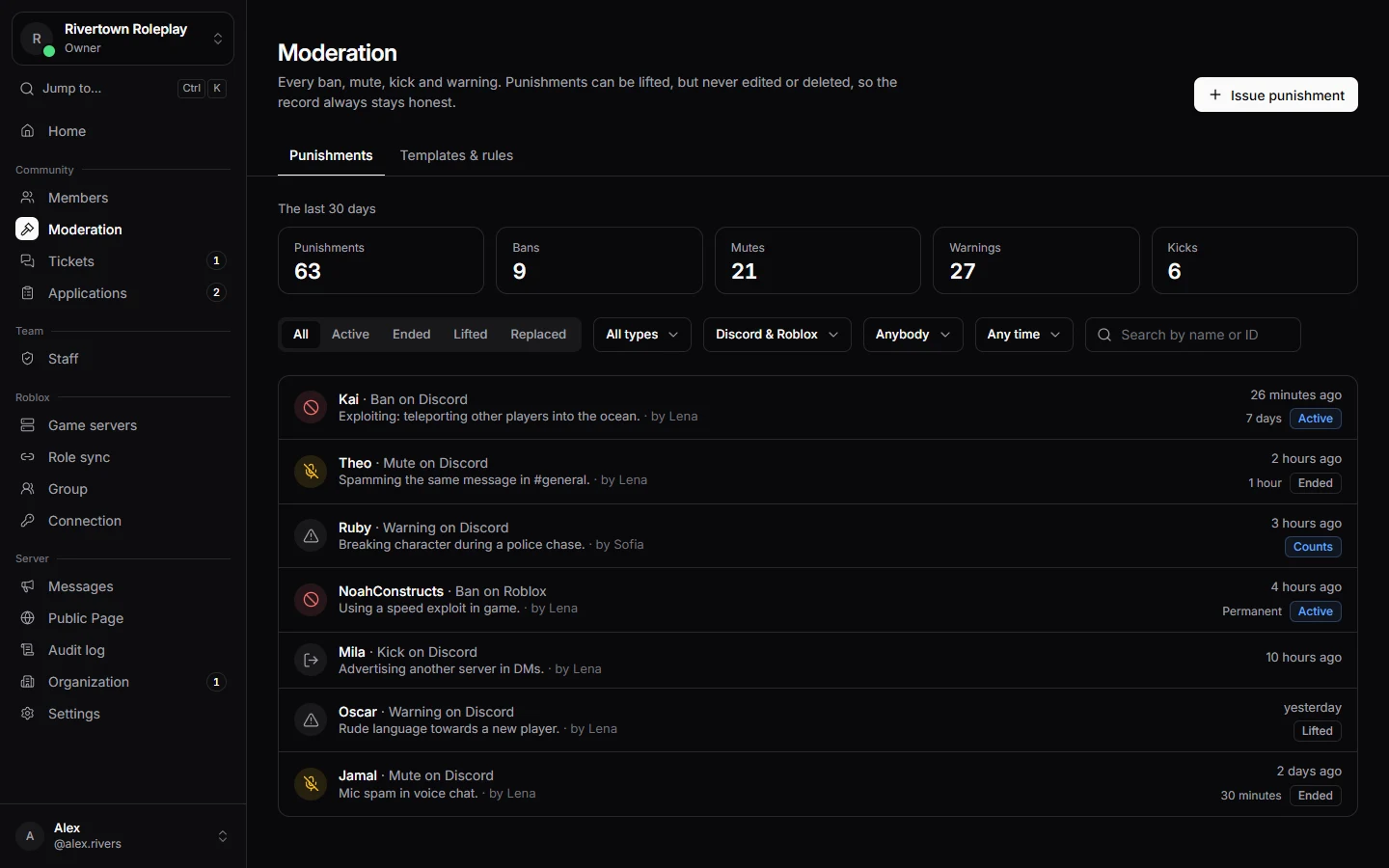 The list of punishments on the Moderation page