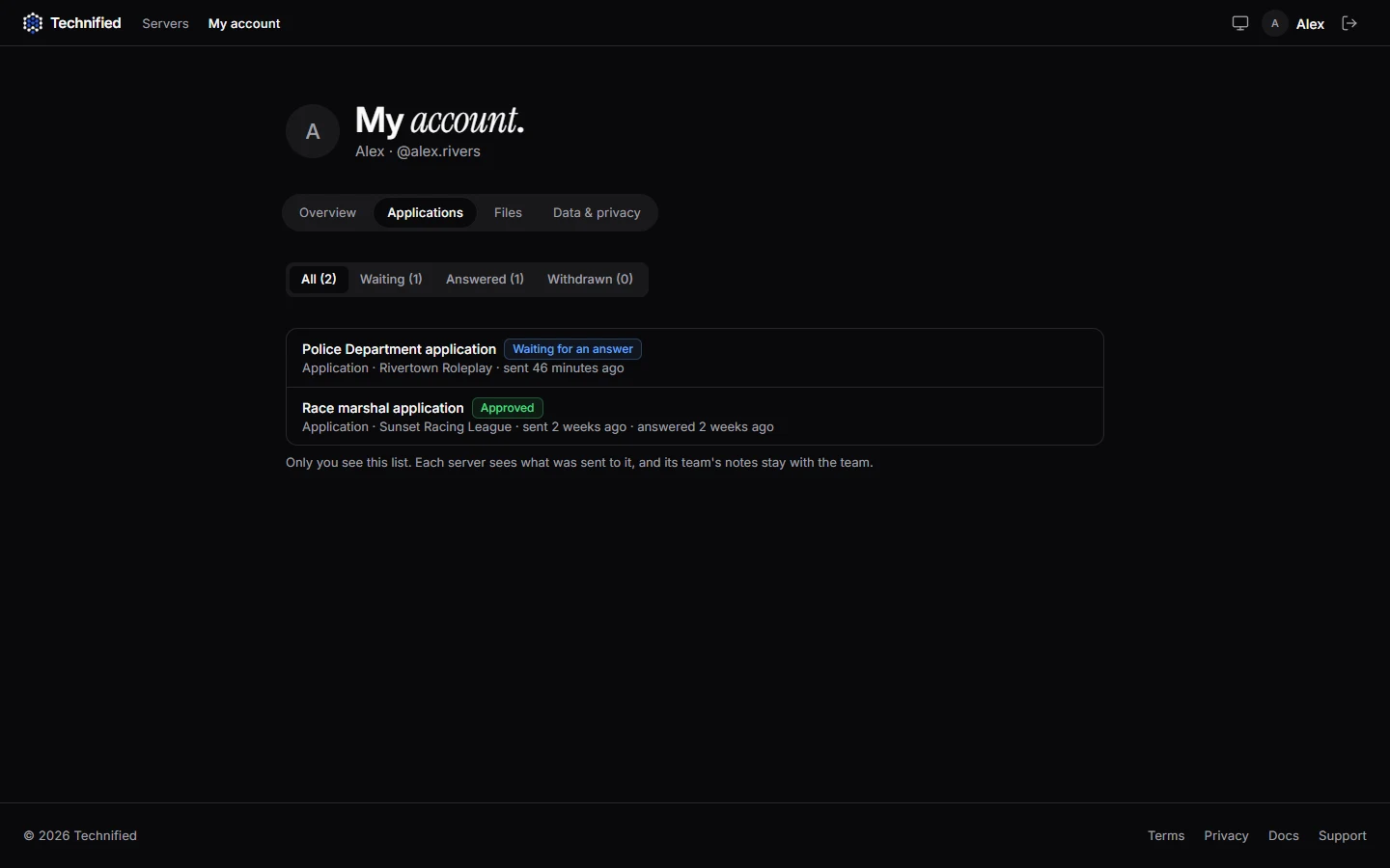 Your own applications on your account page