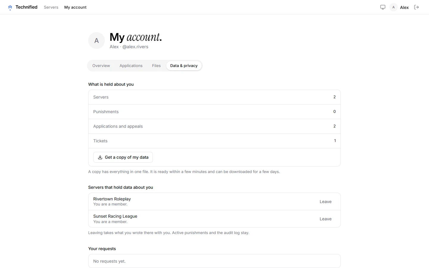 The privacy page of your account