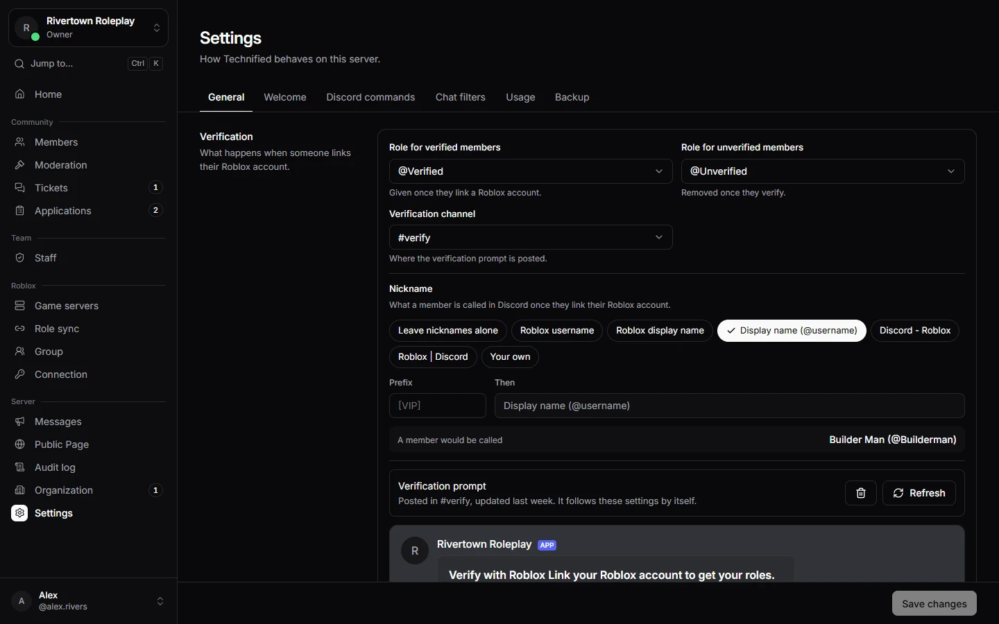 The General settings with verification