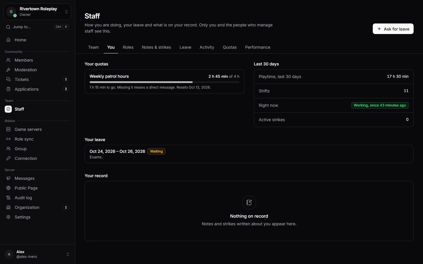 Your own staff page with hours, quotas and leave