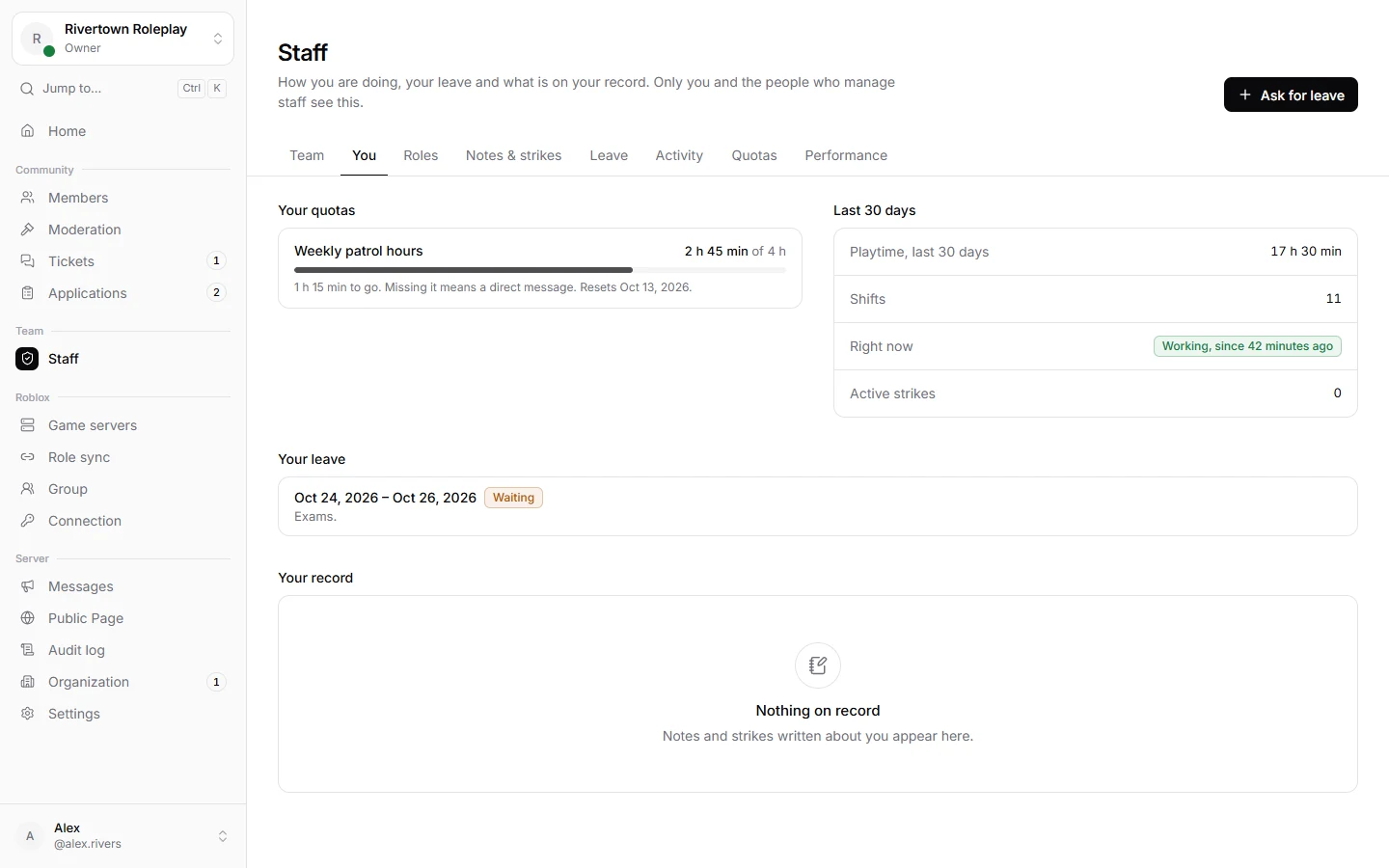 Your own staff page with hours, quotas and leave