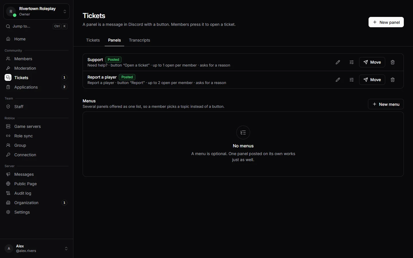 The ticket panels of a server