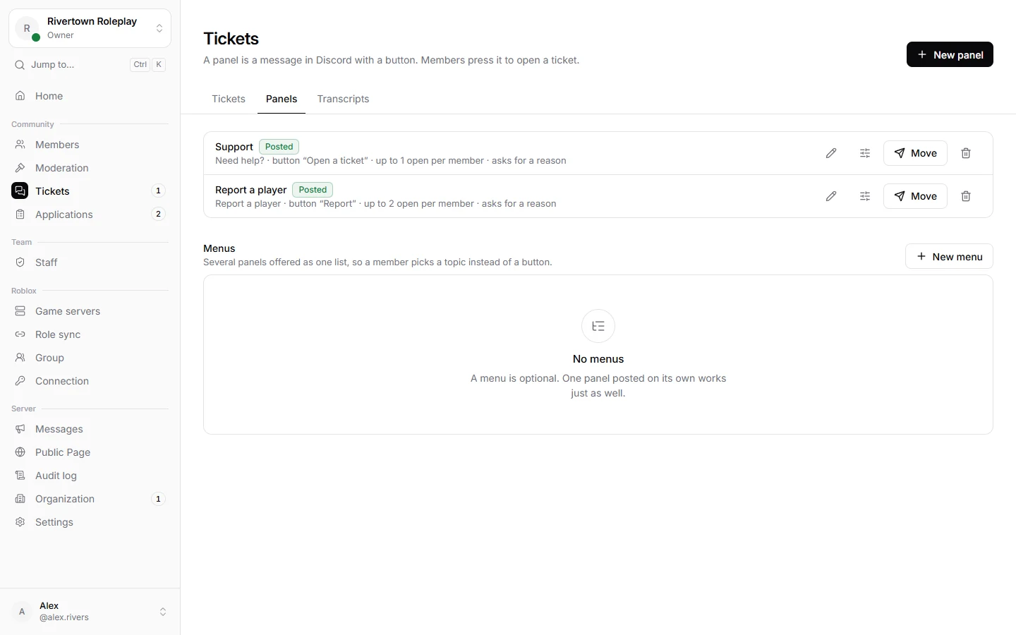The ticket panels of a server
