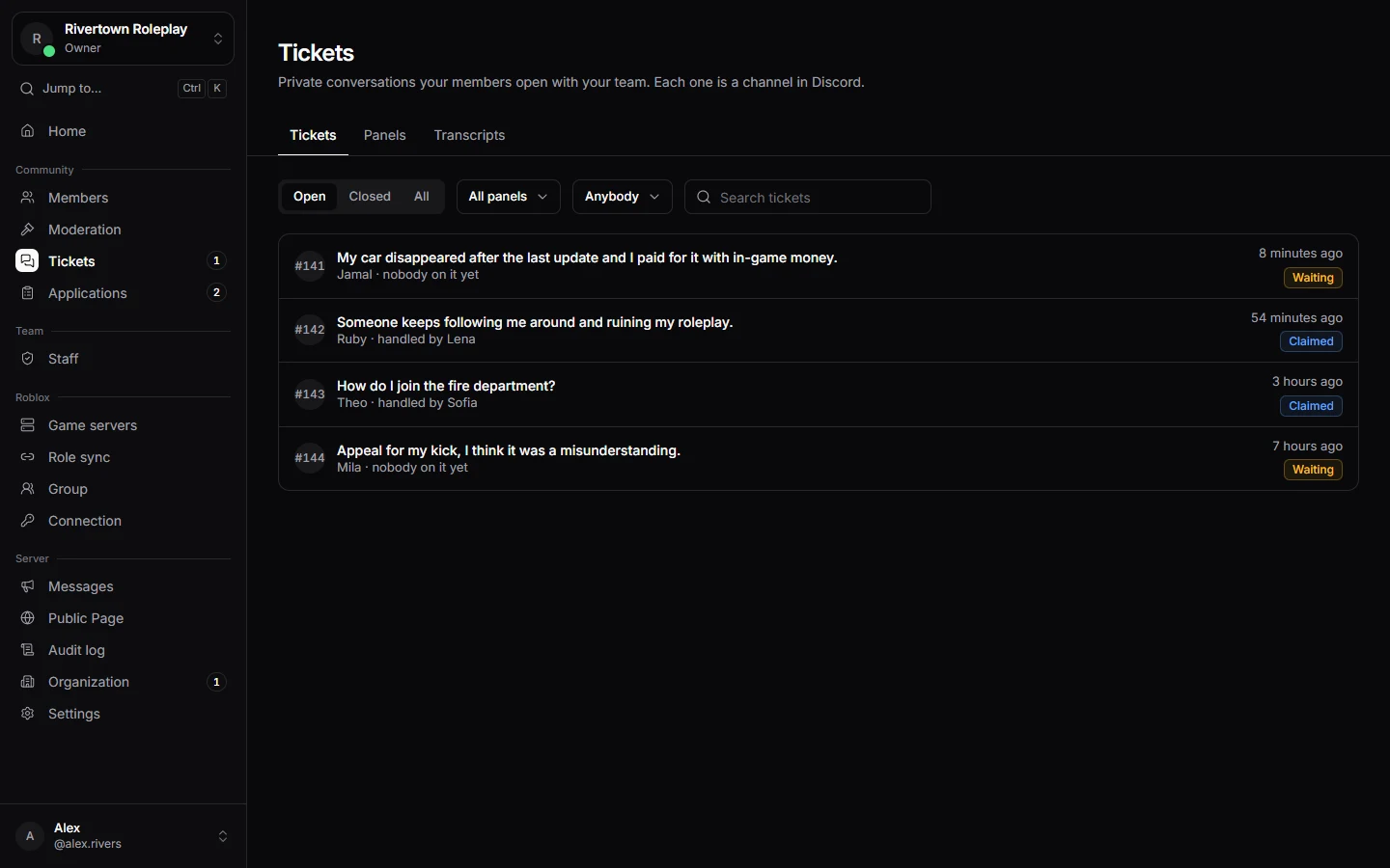 The list of open tickets