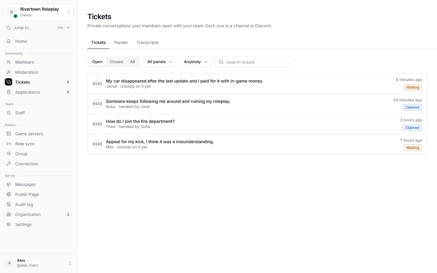 The list of open tickets