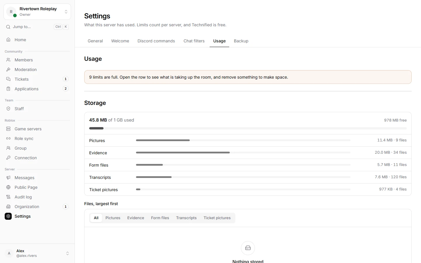 The Usage tab