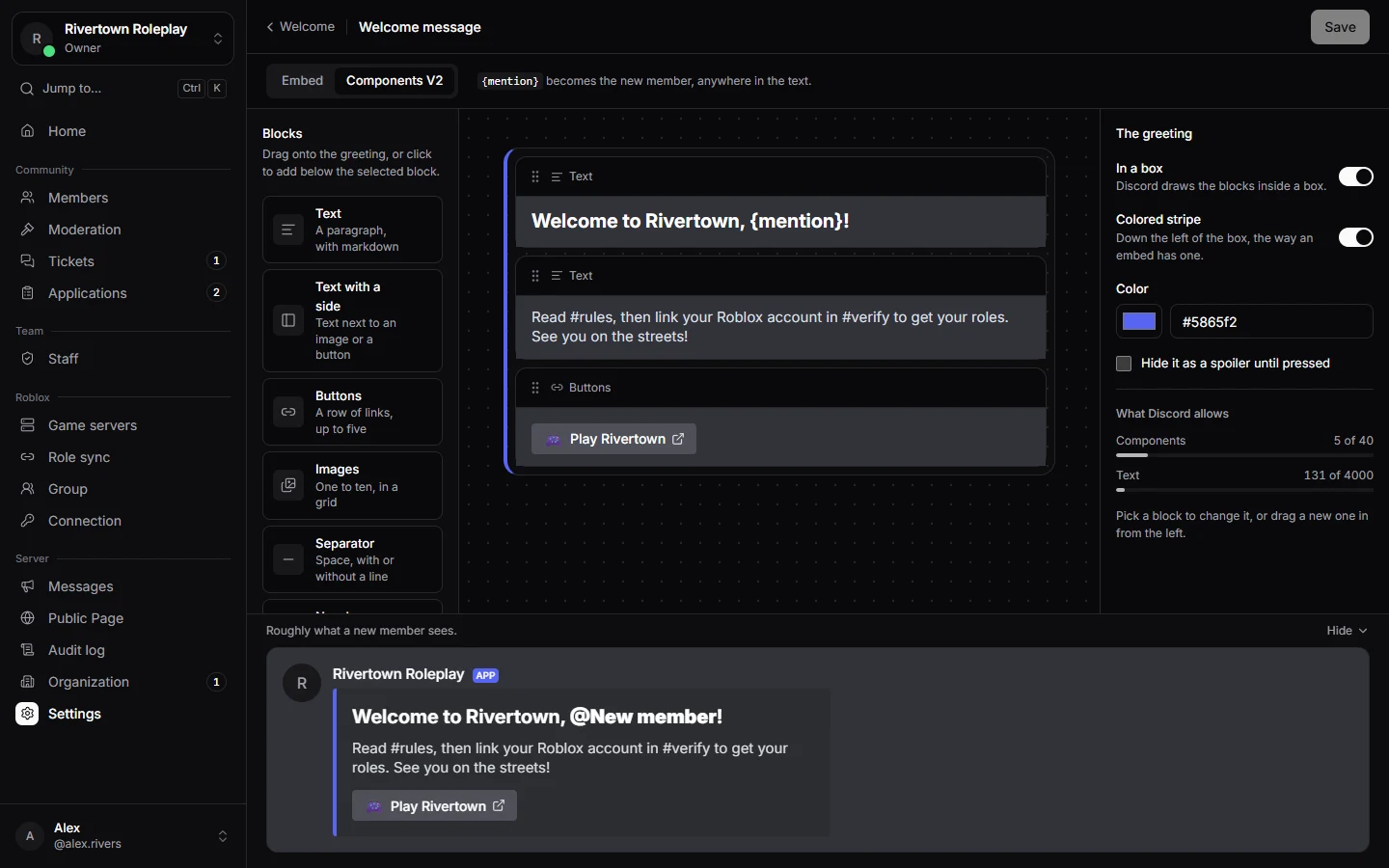 The greeting builder with a preview