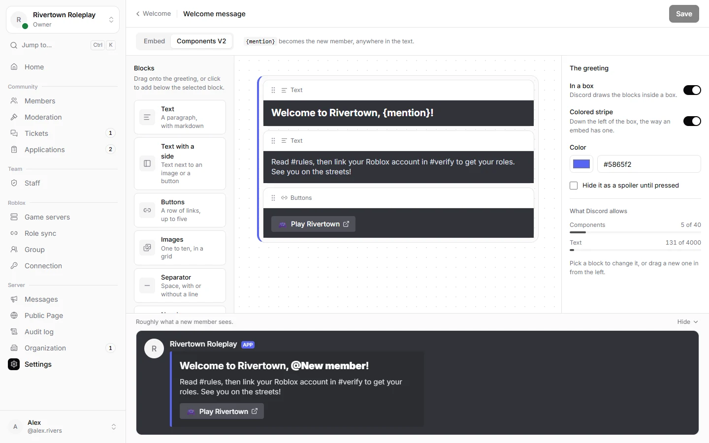 The greeting builder with a preview